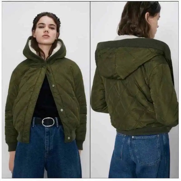 New Zara Reversible Faux Shearling Green Quilted Jacket Small - Picture 2 of 3